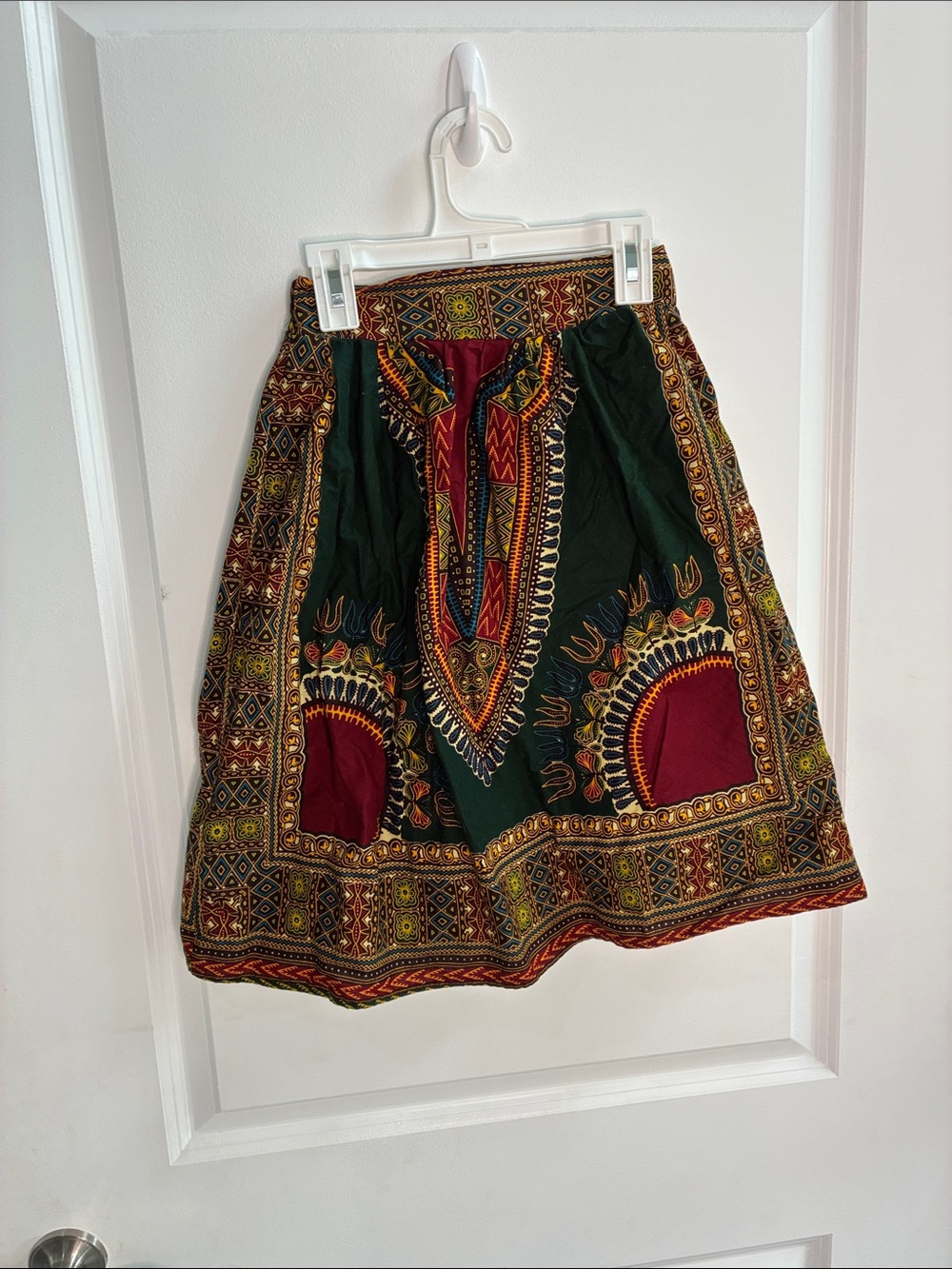 Green & Burgundy Dashiki Print A-Line Skirt. Handmade in CA